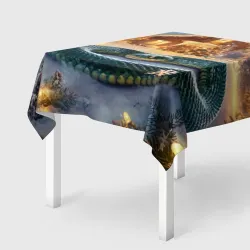 Скатерть 3D Большая змея на фоне  новогоднего дома