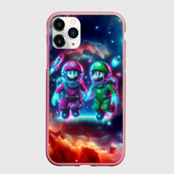Чехол для iPhone 11 Pro Max матовый Марио и Луиджи в открытом космосе - неоновое свечение