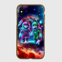 Чехол для iPhone XS Max матовый Марио и Луиджи в открытом космосе - неоновое свечение