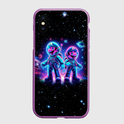 Чехол для iPhone XS Max матовый Марио и Луиджи в космосе - неоновое свечение