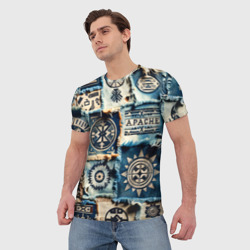 Мужская футболка 3D Символы Апачи на пэчворк дениме  - фото 2