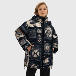 Женская зимняя куртка Oversize Знаки Апачи на пэчворк дениме - фото 2