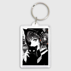 Брелок прямоугольный 35*50 Girl with black kitten anime - cyberpunk