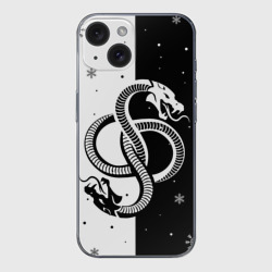 Чехол для iPhone 15 силиконовый с защитой камеры Инь янь - змеи