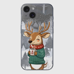 Чехол для iPhone 15 силиконовый с защитой камеры Олень с кофе в лесу