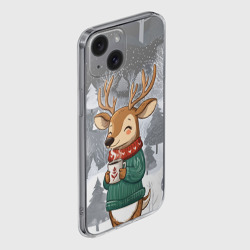 Чехол для iPhone 15 силиконовый с защитой камеры Олень с кофе в лесу - фото 2