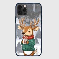 Чехол для iPhone 12 Pro Олень с кофе в лесу