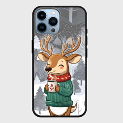 Чехол для iPhone 14 Pro Max Олень с кофе в лесу