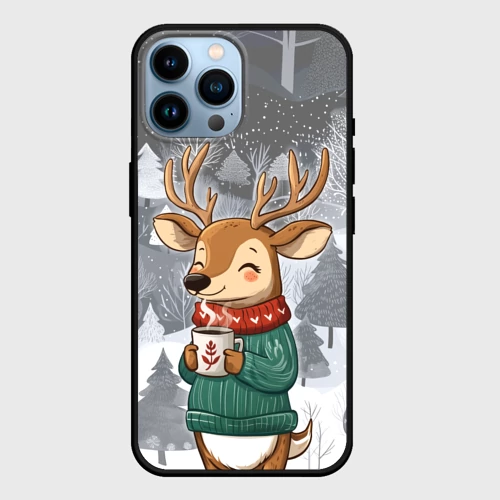 Чехол для iPhone 14 Pro Max Олень с кофе в лесу