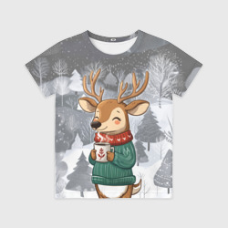 Детская футболка 3D Олень с кофе в лесу