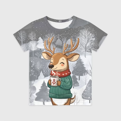 Детская футболка 3D Олень с кофе в лесу