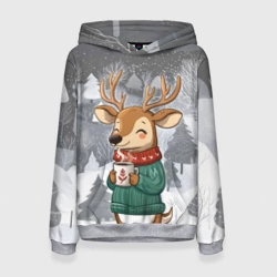 Женская толстовка 3D Олень с кофе в лесу