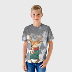 Детская футболка 3D Олень с кофе в лесу - фото 2