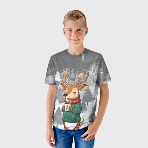 Детская футболка 3D Олень с кофе в лесу - фото 3