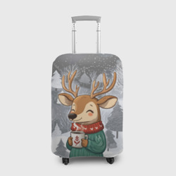 Чехол для чемодана 3D Олень с кофе в лесу