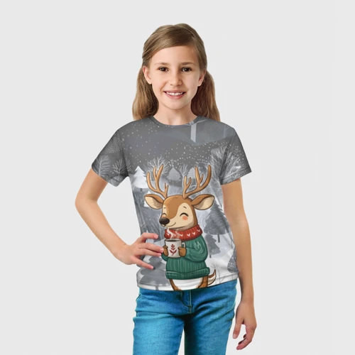 Детская футболка 3D Олень с кофе в лесу - фото 5
