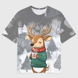 Мужская футболка oversize 3D Олень с кофе в лесу