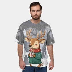 Мужская футболка oversize 3D Олень с кофе в лесу - фото 2