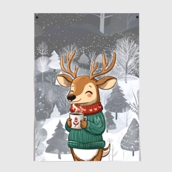 Постер Олень с кофе в лесу