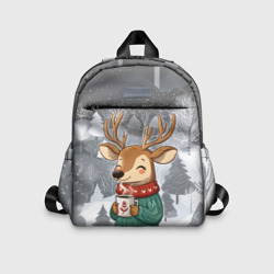 Детский рюкзак 3D Олень с кофе в лесу
