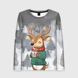 Женский лонгслив 3D Олень с кофе в лесу