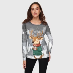 Женский лонгслив 3D Олень с кофе в лесу - фото 2