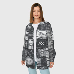 Женская рубашка oversize 3D Символы Апачи на пэчворк дениме  - фото 2