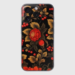 Чехол для iPhone 15 Pro Max силиконовый с защитой камеры Русская хохлома, цветы, паттерн