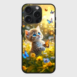 Чехол силиконовый для Apple iPhone 15 Pro матовый Рыже-белый котик с голубыми глазами играет с бабочками