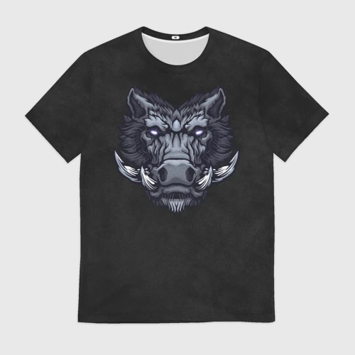 Мужская футболка 3D с принтом Стальной дикий кабан на темном фоне, вид спереди #2
