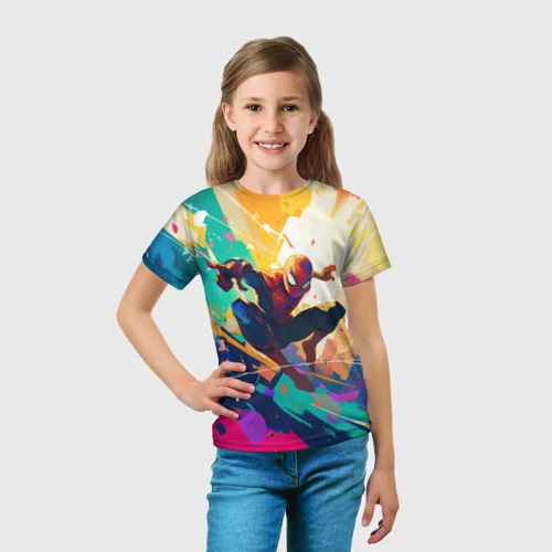 Детская футболка 3D с принтом Человек-паук на ярком фоне, вид сбоку #3
