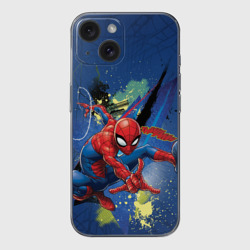 Чехол для iPhone 15 силиконовый с защитой камеры Spider-man with a spider web