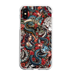 Чехол для iPhone XS Max матовый Девушка и змеи в стиле тату ирезуми