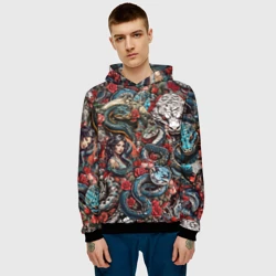 Мужская толстовка 3D Девушка и змеи в стиле тату ирезуми - фото 2