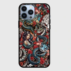 Чехол для iPhone 13 Pro Max Девушка и змеи в стиле тату ирезуми