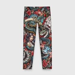 Детские леггинсы 3D Девушка и змеи в стиле тату ирезуми