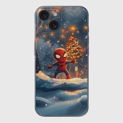 Чехол для iPhone 15 силиконовый с защитой камеры Маленький человек-паук держит елку