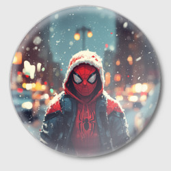 Значок Человек-паук под снегопадом - новогодний город