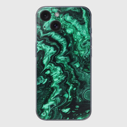 Чехол для iPhone 15 силиконовый с защитой камеры Малахитовая текстура - жидкий арт