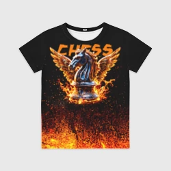 Детская футболка 3D Шахматный крылатый конь в огне