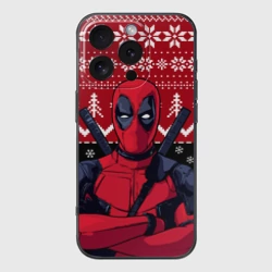 Чехол для iPhone 16 Pro силиконовый с защитой камеры Дэдпул новогодний узор