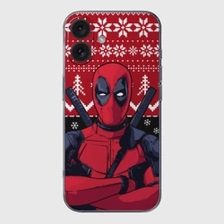 Чехол для iPhone 16 силиконовый с защитой камеры Дэдпул новогодний узор