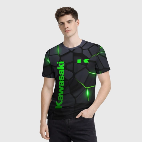 Мужская футболка 3D с принтом Kawasaki - плиты с эффектом свечения, фото на моделе #1