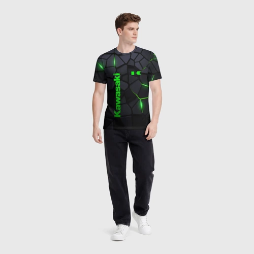 Мужская футболка 3D с принтом Kawasaki - плиты с эффектом свечения, вид сбоку #3