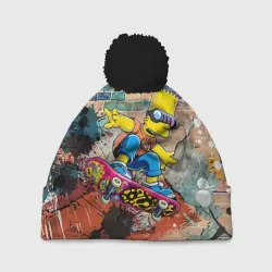 Шапка 3D c помпоном Bart Simpson on a skateboard - graffiti