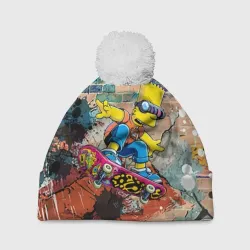 Шапка 3D c помпоном Bart Simpson on a skateboard - graffiti