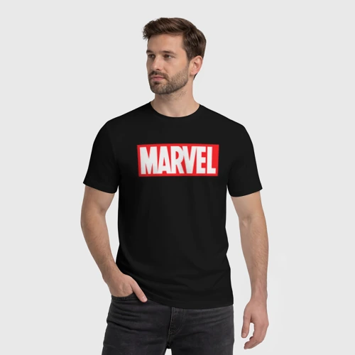 Мужская футболка хлопок с принтом Marvel logo, фото на моделе #1