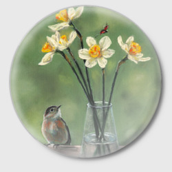 Значок Нарциссы, божья коровка и птичка - живопись