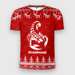 Мужская футболка 3D Slim Новогодний Scorpions с оленями