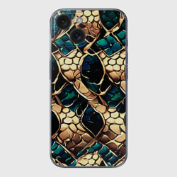 Чехол для iPhone 15 силиконовый с защитой камеры Чешуя золотого дракона и изумрудной змеи